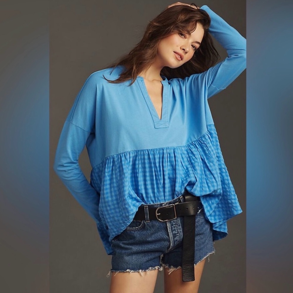 Anthropologie Pilcro Sky Blue Babydoll Blouse with Gingham Detail Size Small-EUC